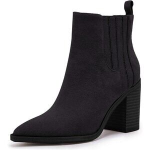 Women Pure Black Faux Leather Slip on Pointed Toe Chunky Block Mid Heel Booties